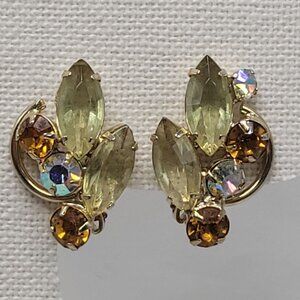 Vtg Clip-On Earrings Yellow Marquise Aurora Borealis Rhinestones Gold-Tone Setti